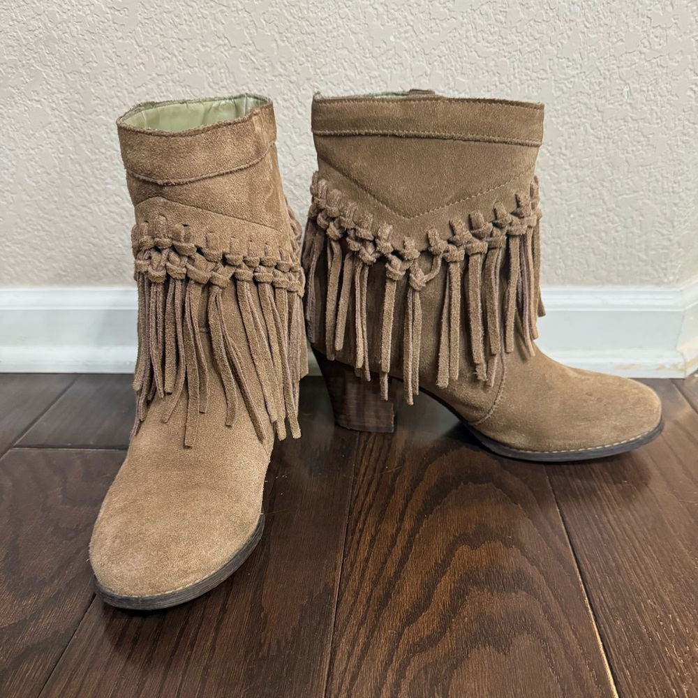 Sbicca Fringe Leather Ankle Boots - Tan